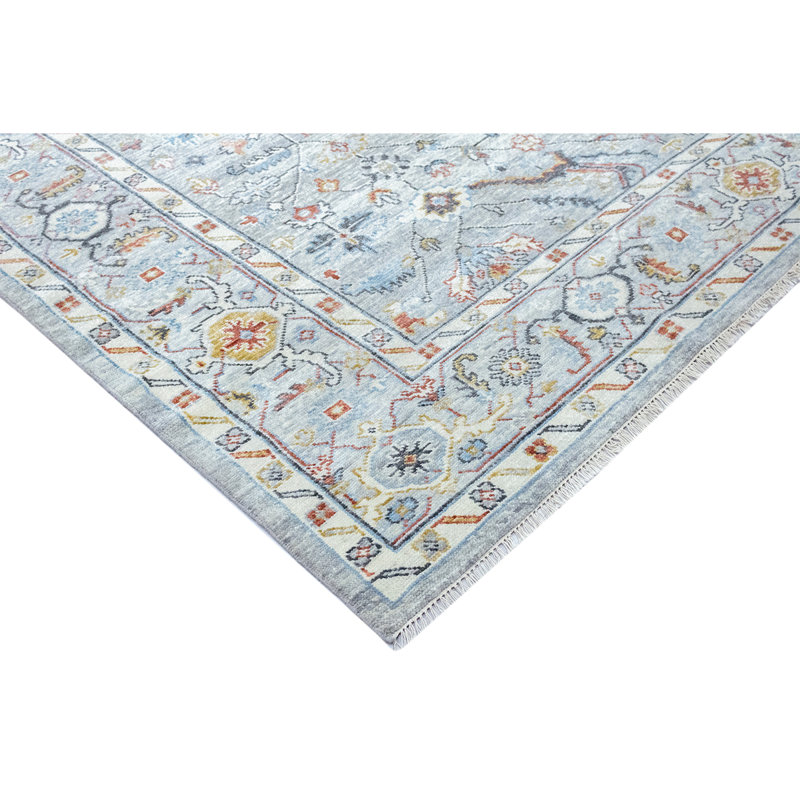 Wool Floral Area Rug in Blue/Orange, Rectangle 9' x 12'