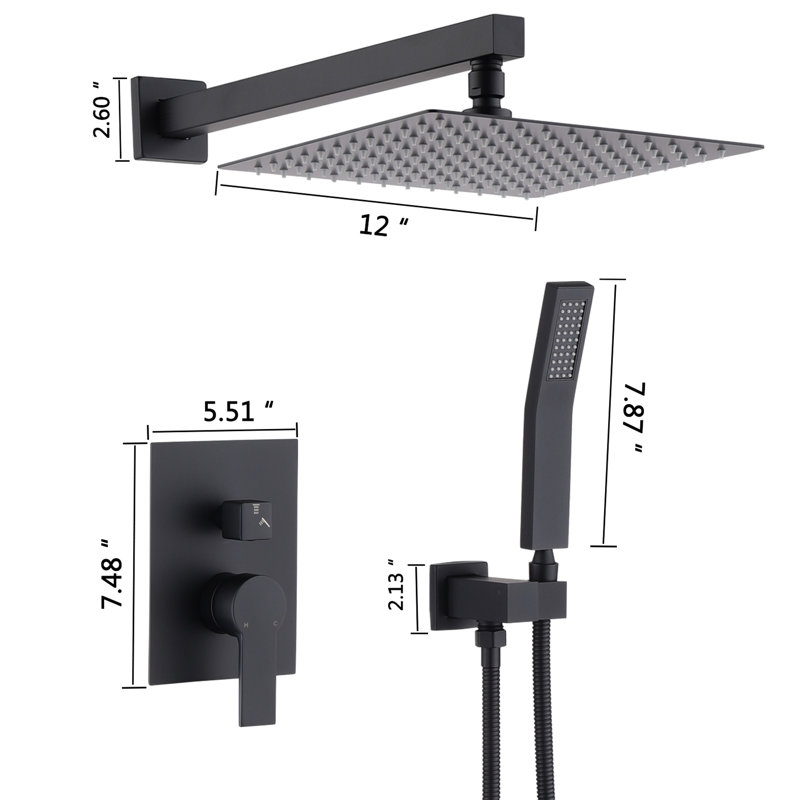 Douche de 12 po en acier inoxydable - Pluie de salle de bain noir mat avec tête équilibrée portative de 12 po et système