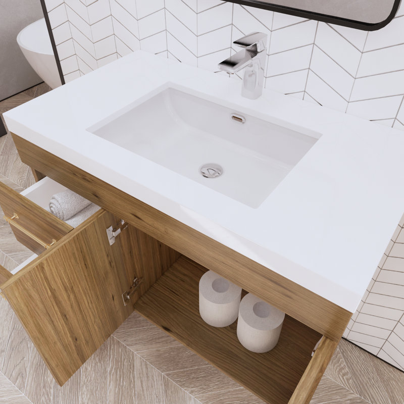 Ensemble de meuble-lavabo simple mural 35 po Hebersham, Chêne naturel