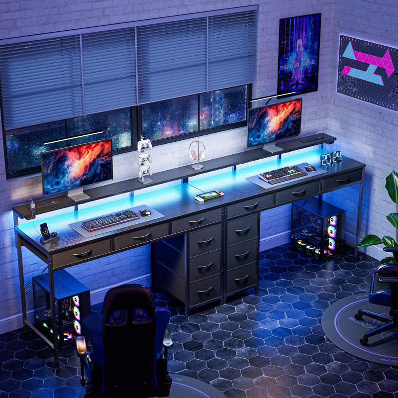 Keldric Rectangle Desk, Computer Desk with Drawers, Gaming Desk with LED Lights, Small Desk with Power Outlets, Writing Desk with Storage, Home Office Desk with Monitor Stand for Study