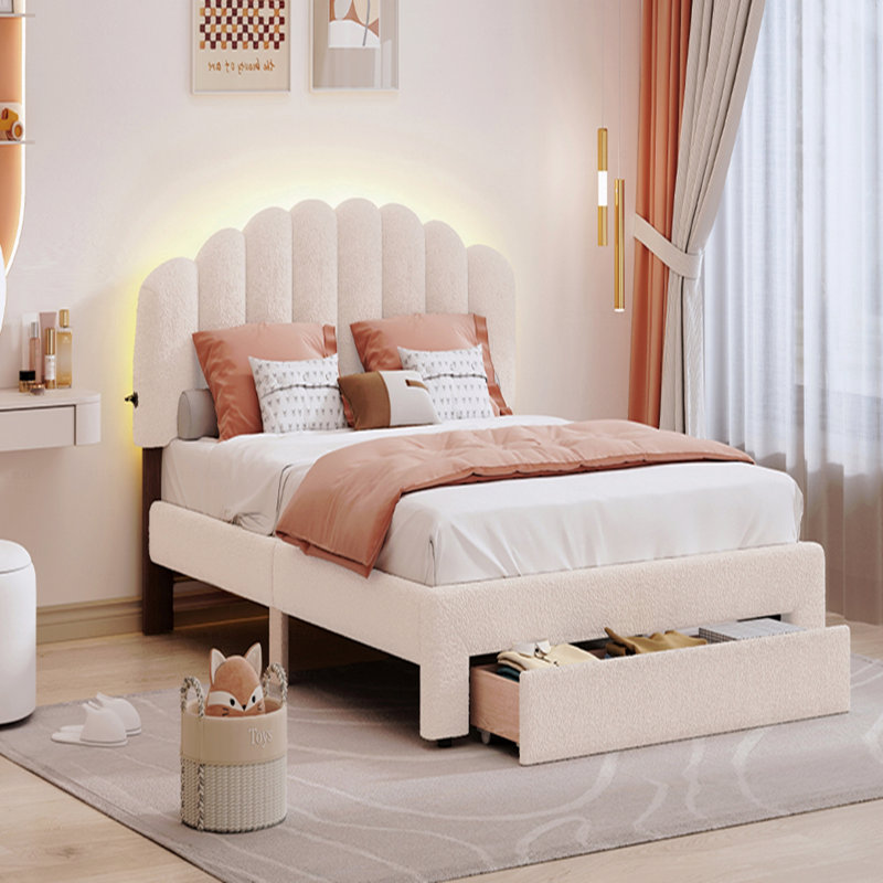 Grand lit plateforme tapissier Teddy, Beige