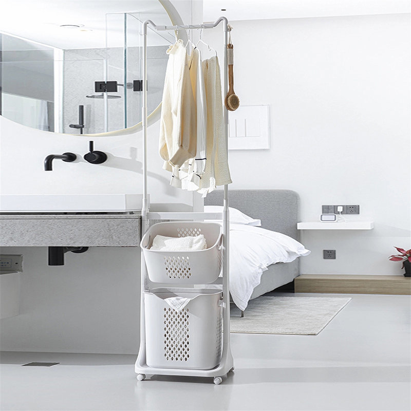 Trieur de paniers à linge à 2 niveaux avec barre de suspension, paniers à linge roulants sur roulettes, organisateur de chariot à linge amovible et empilable et rangement pour petits espaces, dortoir, placard, salle de bain