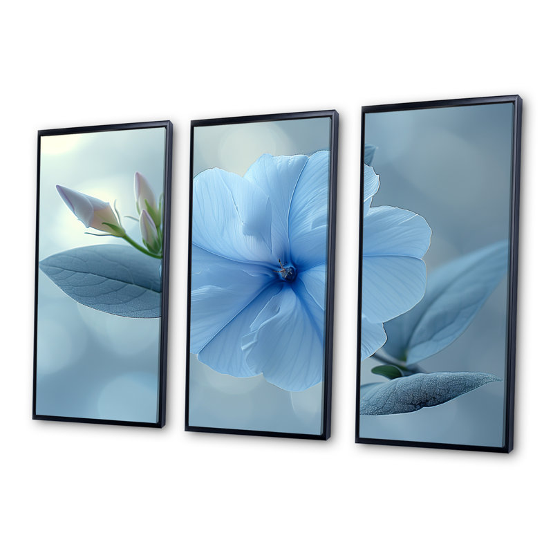 «Blue Crystal Morning Glory Flowers Photo III», ensemble de décorations murales, Toile avec cadre flottant noir