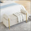 Élégant banc de rangement rembourré en lin avec accoudoirs cylindriques et pieds en fer pour le couloir du salon, beige-129931508