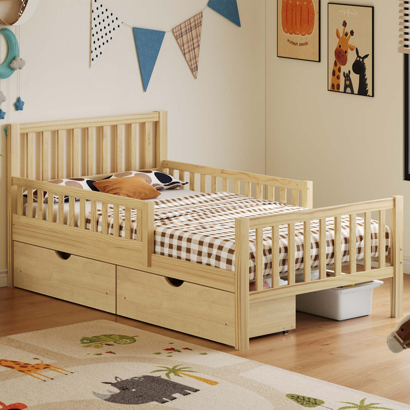 Lit plateforme en bois avec garde-corps et tiroirs de rangement, Lit simple, Beige
