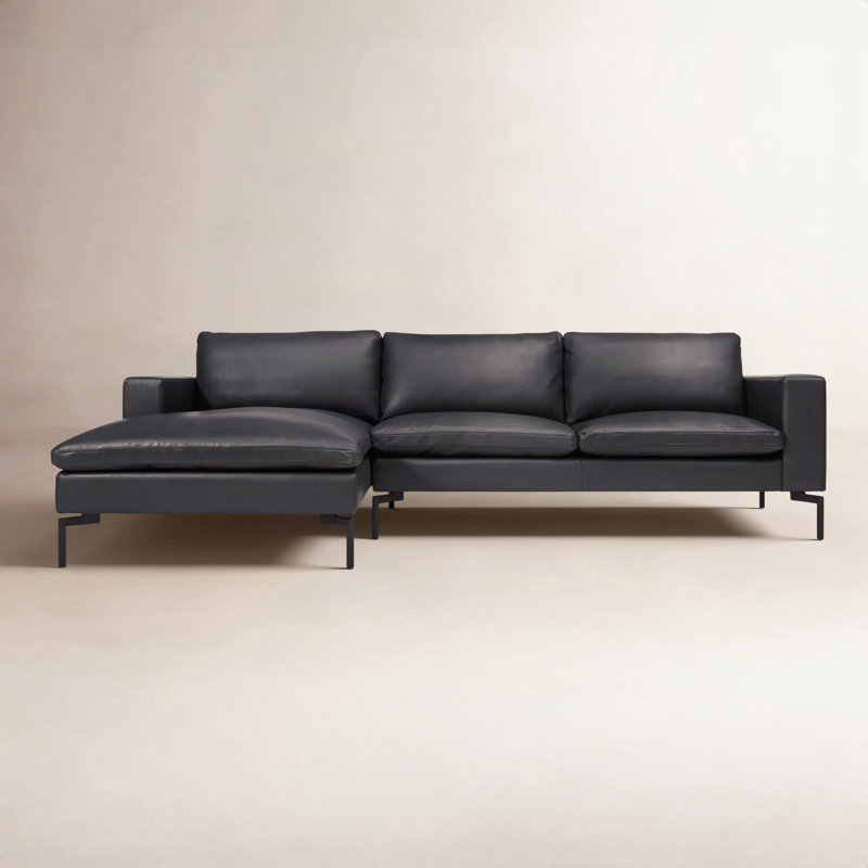 New Standard Upholstered Chaise L-Sectional, Right Hand Facing, Granite Leather, Black
