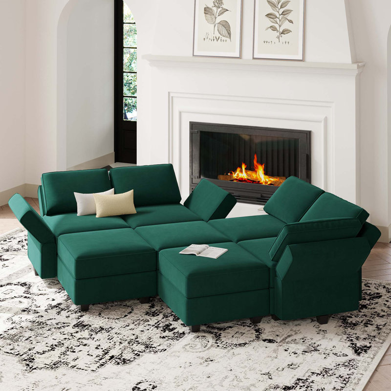 Canapé modulaire rembourré en velours avec rangement 90,2 po Teangela, Velours vert