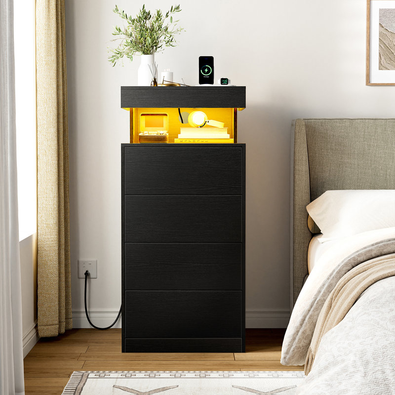 Tevrat 4 - Drawer Dresser With Power Outlet & LED,Wood Storage Chest With Push-To-Open Extension Drawer, 39.37” H Dresser For Bedroom&Office