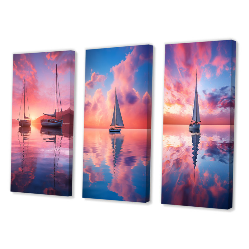 "Voilier blanc, rose, bleu, coucher de soleil, réflexion I", 3 pièces sur toile, Toile tendue, H 28 po x l 36 po