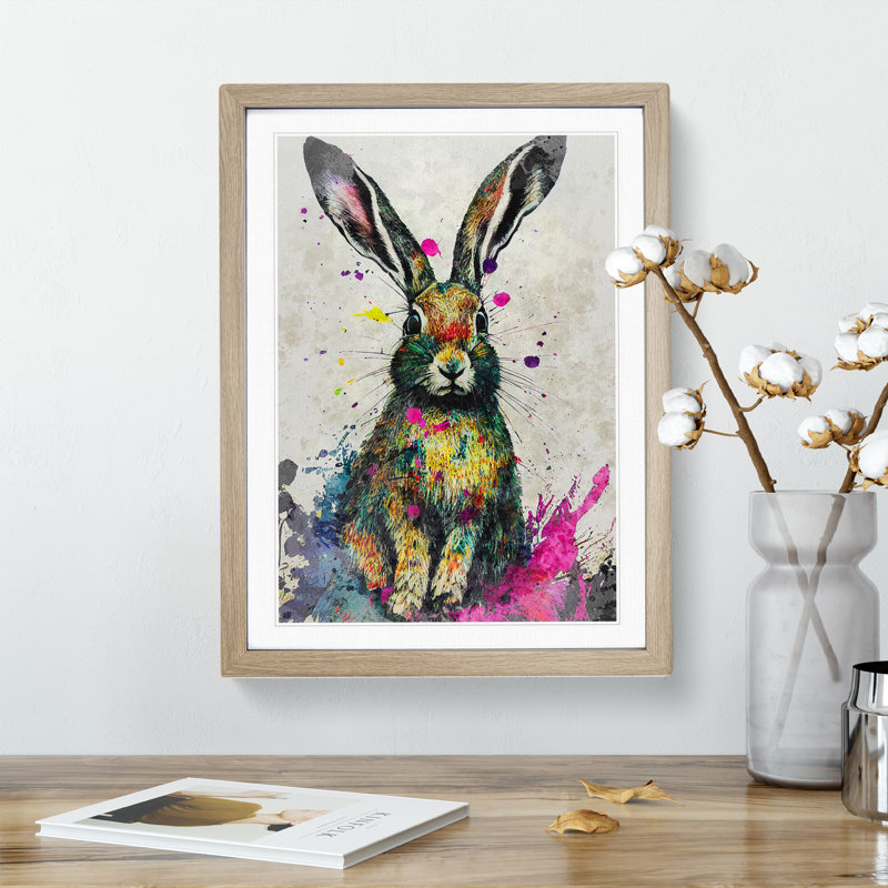 Colourful Watercolour Hare No.3 - Framed Print, 64cm H x 46cm W x 2cm D, Oak
