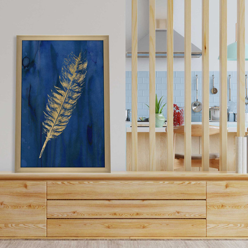 Plume d'or I - peinture, L 21,5 po x H 27,5 po, Encadrement doré