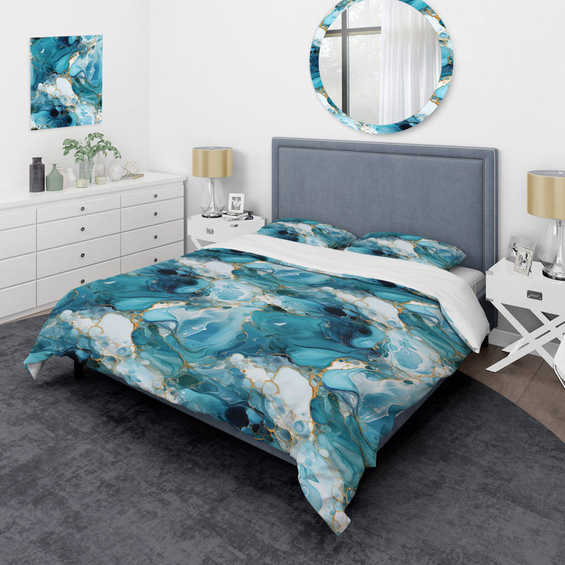 Ensemble de housse de couette abstrait - Motif de marbre bleu blanc océanique Allure