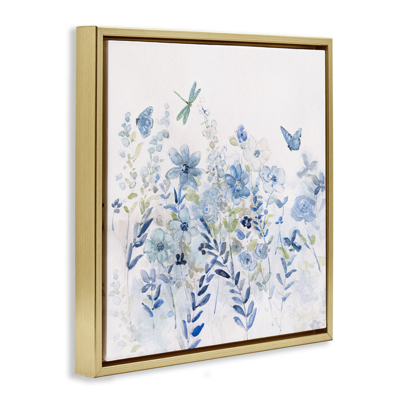 Délicat jardin floral bleu, Cadre flottant métallique doré, H 25 po x l 25 po