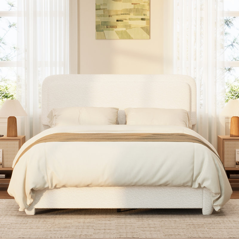 Base de lit plateforme en tissu Boucle avec tête de lit à hauteur réglable sans sommier tapissier, Grand lit