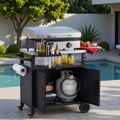 Outdoor Grill Cart Kitchen Island With Storage Cabinet, Foldable Table, Wheels, Stainless Steel Top, Hooks, Spice Rack And Waterproof Cover