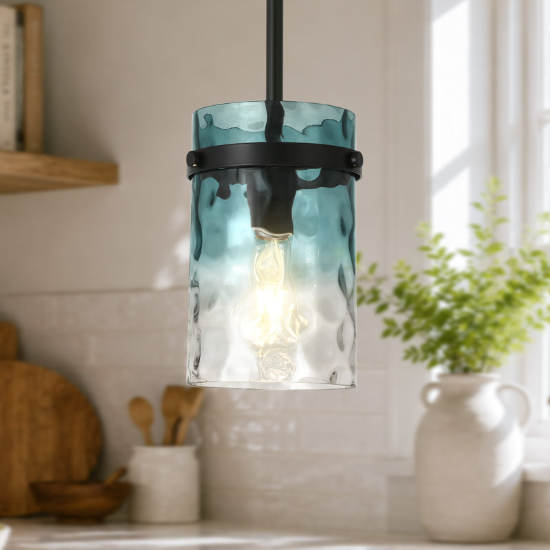 Levona 1-Light Kitchen Island Pendant, Hand-Blown Gradient Blue Water Glass, Height Adjustable, Gradient Blue, Matte Black