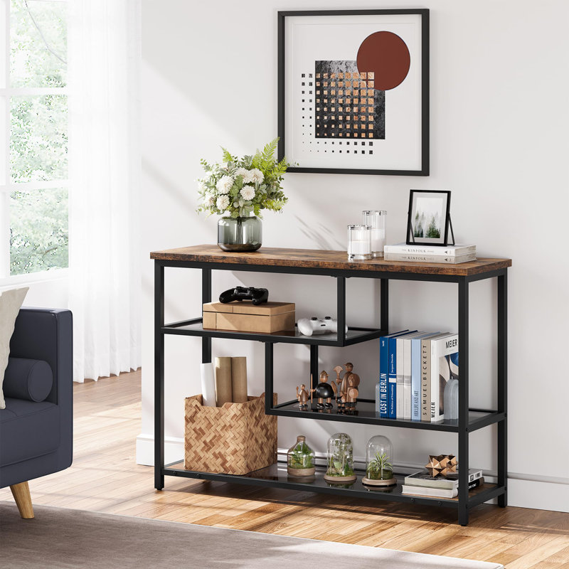 Console 39,4 po à 4 niveaux avec tablettes en verre et canapé industriel pour vestibule
