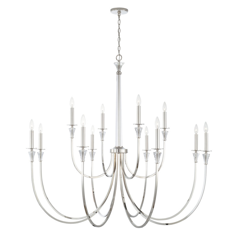 Lustre 12 lumières avec colonne en cristal et bobeches