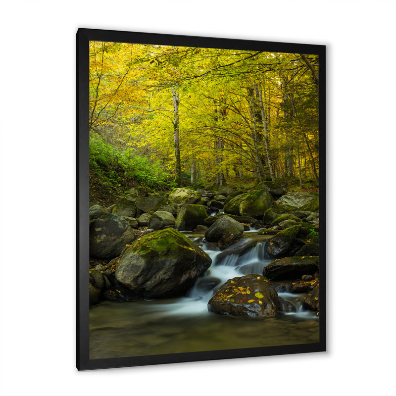 Belle cascade de forêt d'été - décoration murale traditionnelle sur toile, Toile avec cadre noir, H 12 po x l 20 po x P 1 po
