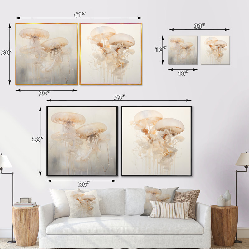 Minimalisme Jellyfish Dreams - animaux, ensemble de 2 collages carrés, Cadre flottant noir, H 16 po x l 33 po