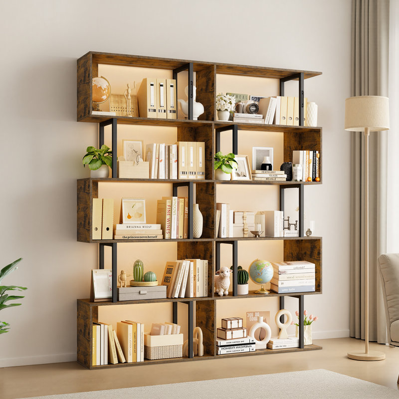 Bibliothèque géométrique à 6 niveaux avec éclairage, Brun