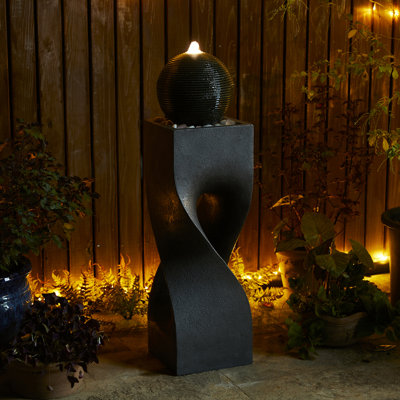40.5"H Oversized Modern Geometric Pedestal And Sphere Polyresin Outdoor Floor Fountain With Pebbles, Pump And LED Light (KD)