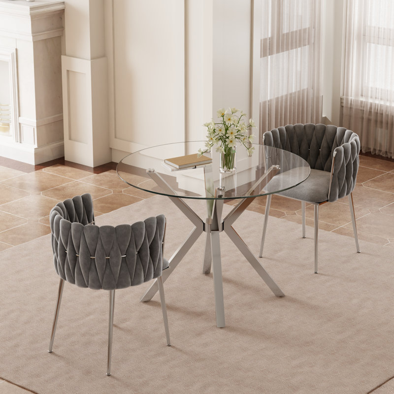 Modern Round Clear Dining Table Set, Tempered Glass Dining Table With Velvet Weavon Dining Chair For Dining Room, Gray/Silver