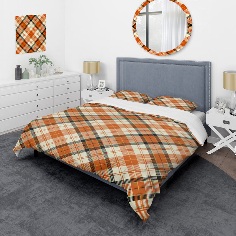 Ensemble de housse de couette en microfibre crème / orange 3 pièces, Housse de couette pour grand lit et 2 taies décor