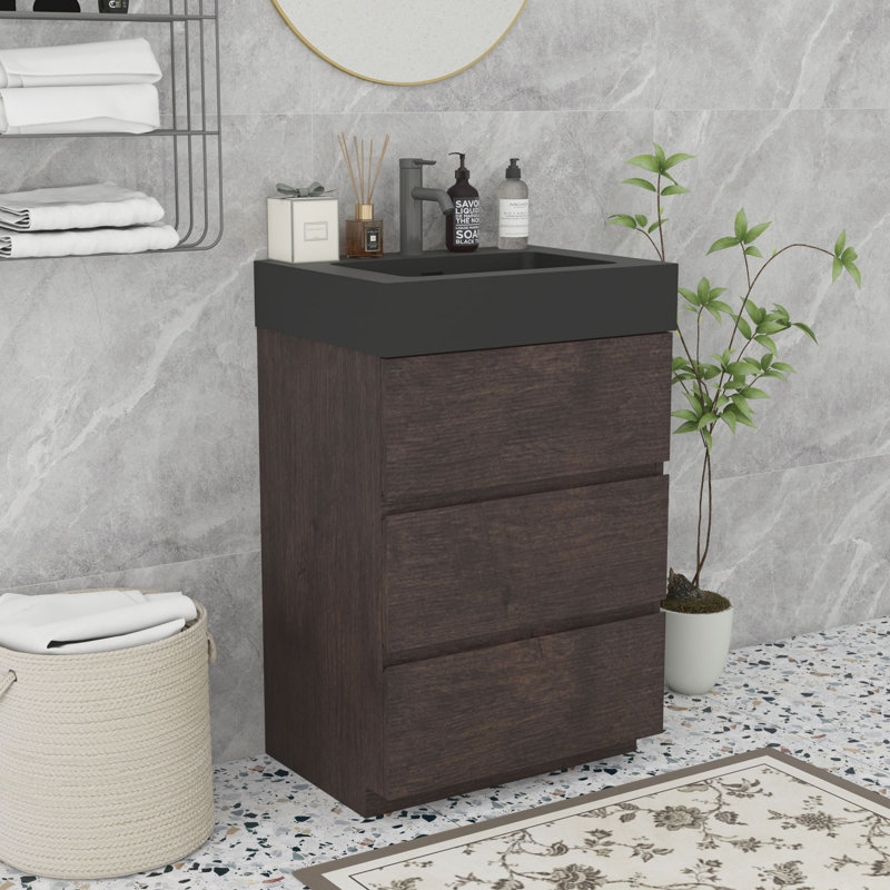 Meuble-lavabo moderne autoportant, Noyer, Noir, noir, noir, noir