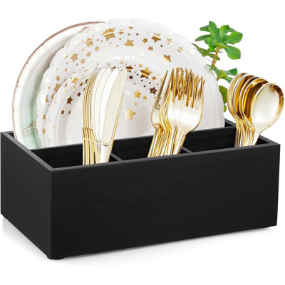 Paper Plate Storage Rack, Wooden Tableware Storage Box, Large Silverware Rack, Suitable For Parties, Picnics, Camping And Other Occasions. Black Paper Plate Storage Box, Kitchen Tableware Storage Box