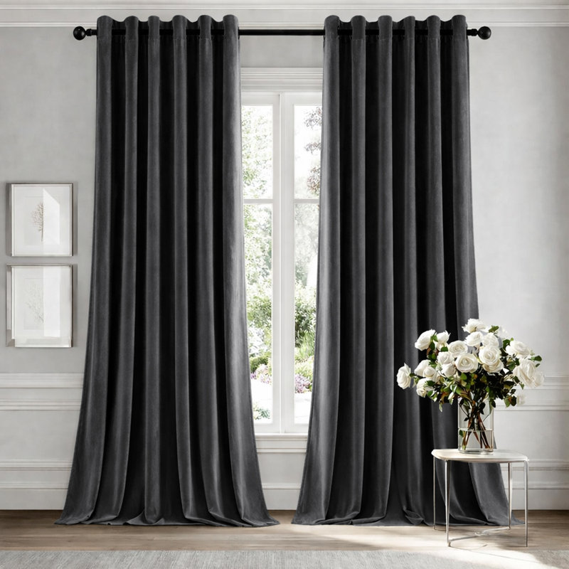 Heavy Crushed Ready Made Velvet Eyelet Curtains (Set Of 2), Charcoal, 228cm Width x 228cm Height