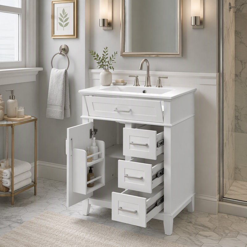 Meuble-lavabo de 24 po avec lavabo en céramique, structure en bois massif et armoire en panneau de fibres à densité moyenne, 1 porte, tiroir rabattable et 3 tiroirs, charnières à fermeture en douceur, tablette réglable, poignées argentées