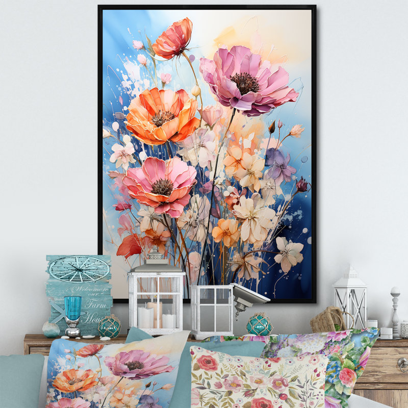 Christylee multicolore fleurs saisonnières sur bleu II - impression, H 40 po x l 30 po x P 1,5 po, Cadre flottant noir