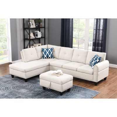 Linen Sectional With And Foam Cushions - 98" Wide, Beige Glow Storage Peace, Wide