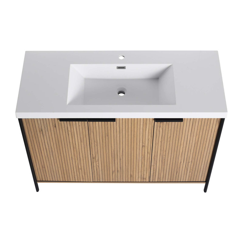 Meuble-lavabo autoportant avec lavabo en résine double et portes d'armoire à fermeture en douceur, 47"