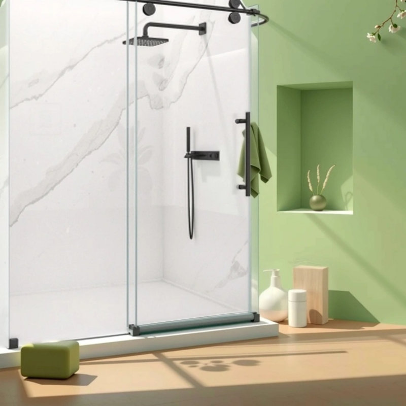 Porte de douche coulissante simple sans cadre | Verre trempé épais de 56 à 60 po x H 72 po | 5/16 po (8 mm), Noir mat
