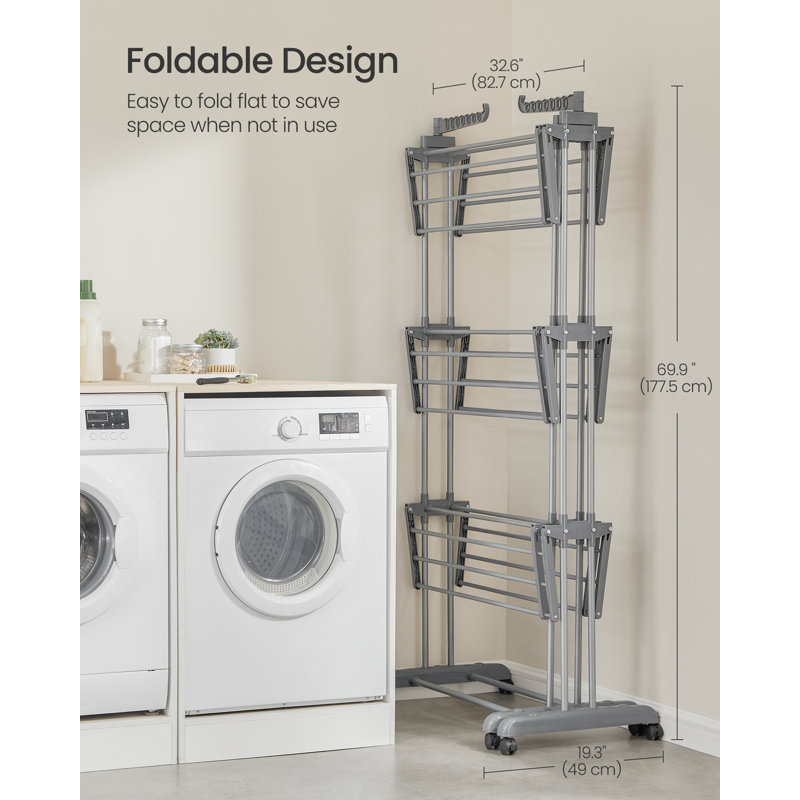 Clothes Drying Rack 4-Tier, Foldable Laundry Drying Rack 69.9-Inch Tall, Extendable Rods, Stainless Steel, Rolling Clothes Horses, Clothes Airer, Indoor Outdoor Use
