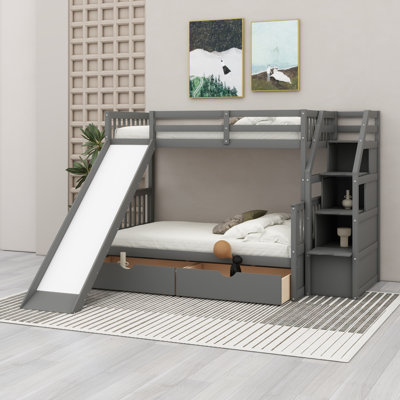 Lit mezzanine multifonctionnel en bois avec glissoire, rangement pour escaliers et tiroirs
