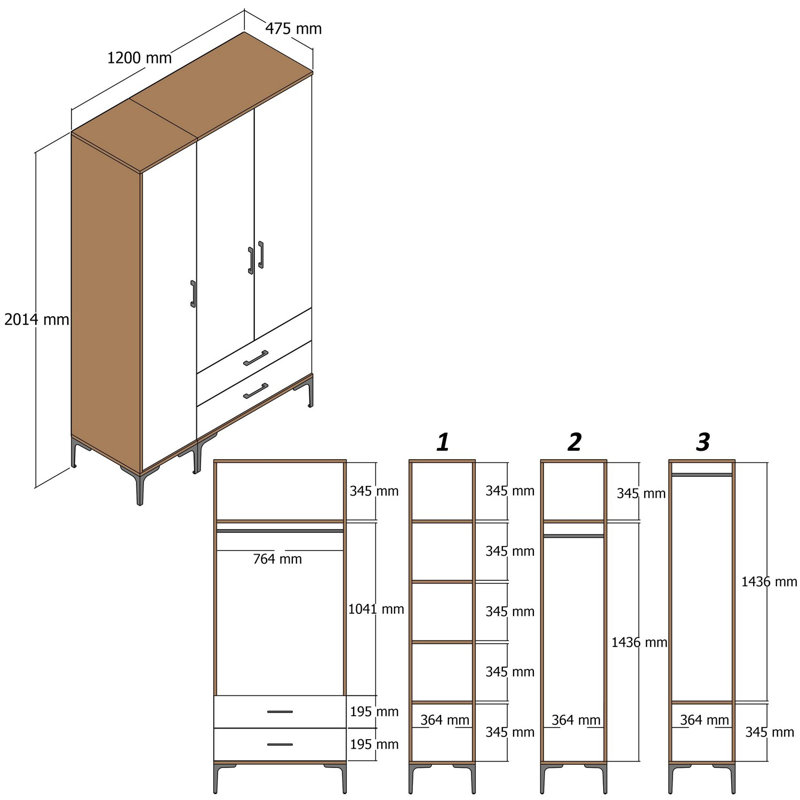 Berend 3 Door Manufactured Wood Wardrobe, Walnut/Anthracite