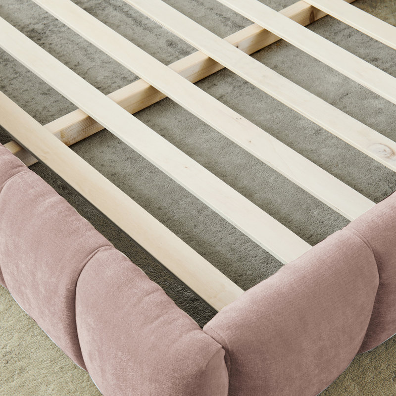 Très grand lit tapissier épais en chenille - plateforme moderne avec tête de lit rose sans sommier tapissier (tissu élégant et 88,5 po x 85,5 po x 24 po)