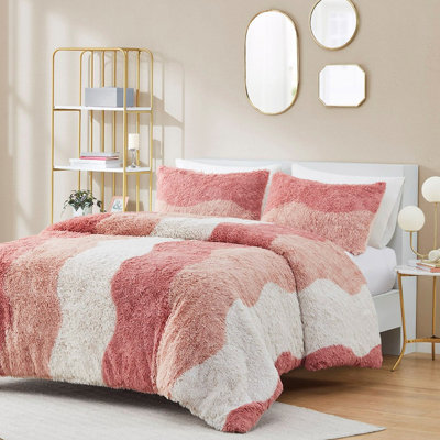 Queen Shaggy Faux Fur Comforter , Ombre Tonal Wave Striped, Fill, 2 Shams, Microfiber Back, Washable Bedding Size With Wave, Reverse, Machine