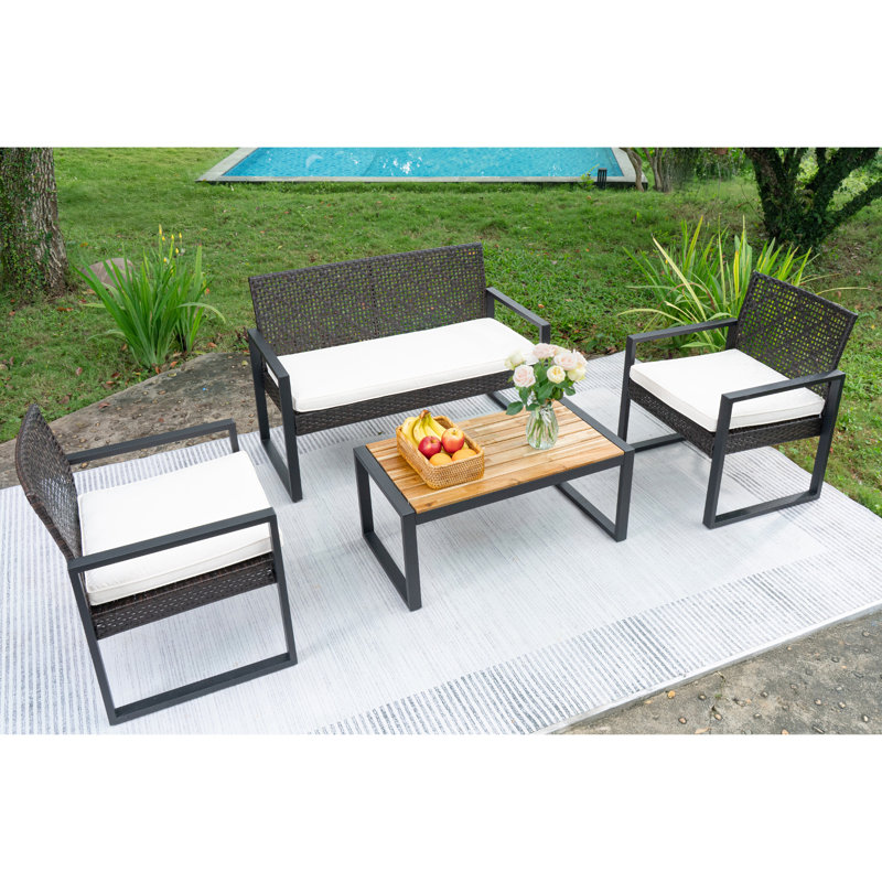 Ensemble de meubles de patio 4 pièces avec balcon et véranda, Coussin blanc / cadre noir