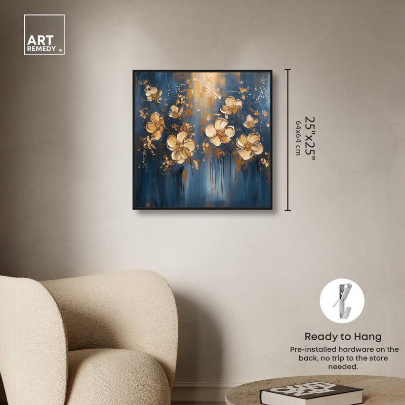 Art floral élégant sur toile luxueuse avec fleurs dorées par Art Remedy, Cadre flottant noir, H 25 po x l 25 po x P 1,8 po