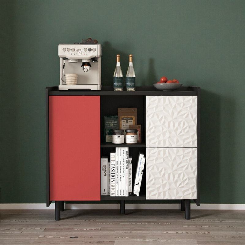 Modern Black & Red Accent Cabinet - 2-Drawer Storage Buffet with Open Compartments, Coffee Bar Sideboard for Kitchen, Dining Room