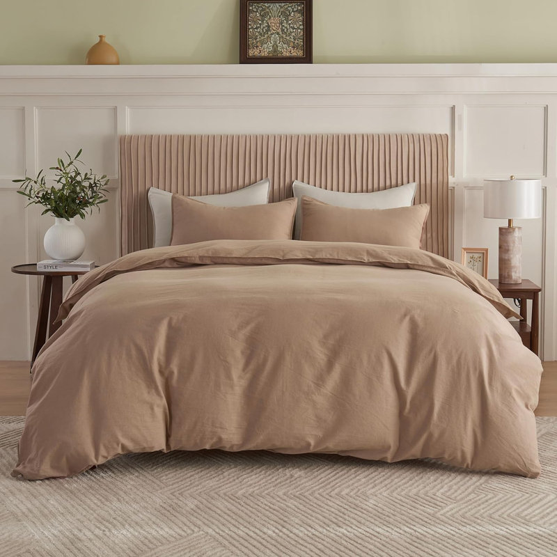 French Linen Duvet Cover Set 3Pcs With Hidden Zipper Closure Natural Flax Cotton Blend, Clay