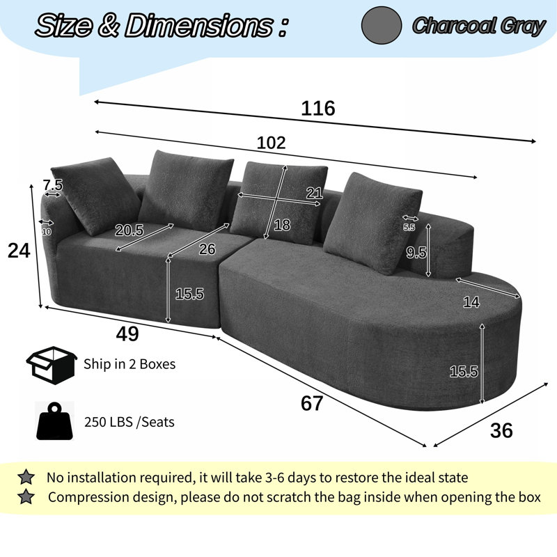 Salvatore 122 Inch Wide Extra Large Four Seater Sectional, Charcoal Gray