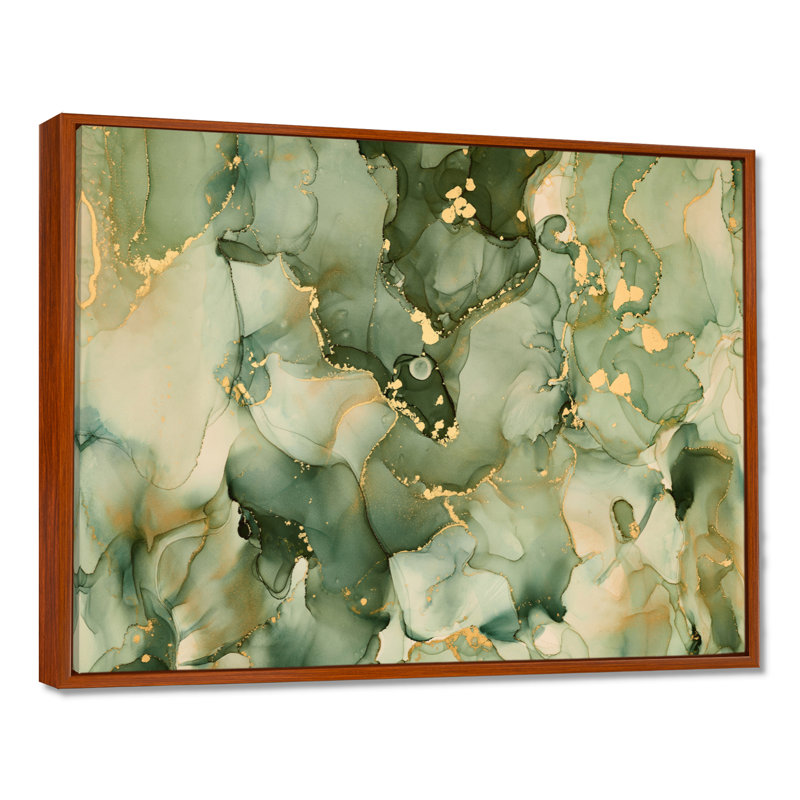 " Green Luxury Abstract Fluid Art I " by Designart, 12" H x 20" W, Floater Framed Print, Brown