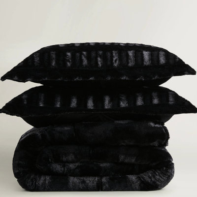 3 Pcs Full/queen Solid Faux Fur Comforter Mini Of Black, Stylish Brushed Fur, 2 Shams With - Inch Flange, Filling, End To Box Sewn Keep Fill In One Place Black , For Retention
