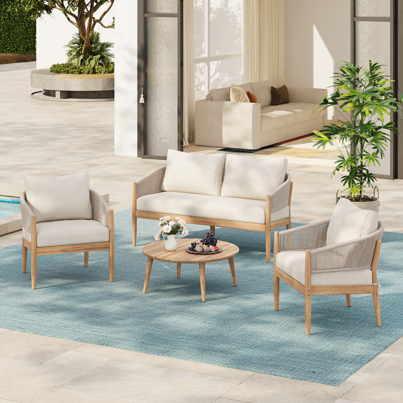 Daisy Outdoor 4-Piece Acacia Wood Conversation Set With Rope Backrest & Cushions, Light Brown/Natural