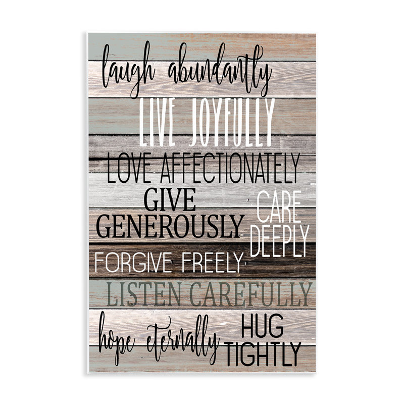 «Live Joyful Expressions on Wood Grain Brown Tan Teal», art mural surdimensionné par Kim Allen, H 19 po x l 13 po